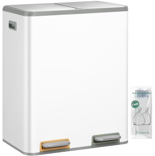 Hzuaneri Mülleimer Küche, Mülltrennsystem 2 Fächer 60L (2 x 30 L), Edelstahl-küchenmülleimer, Tretmülleimer mit Farbcodierbaren Pedalen, Abfalleimer Ruhiger Langsamer Abstieg, Weiß SW23099W