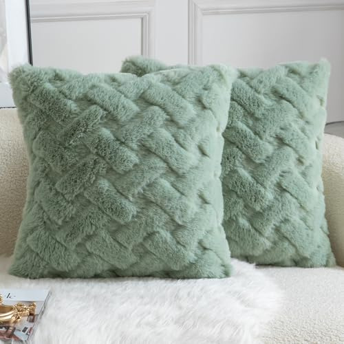 Yaertun Lot de 2 Housses de Coussin Décorative Coussins Épais en Peluche de Laine Douceur Suprême Taie d'oreiller en Fausse Fourrure de Lapin pour Canapé Sofa Lit ou Salon 40x40 cm Vert Sauge