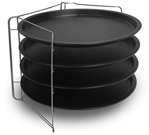 FORMEGOLOSE™, Set 4 tegami pizza Ø 32 cm + 1 griglia porta tegami, Acciaio con rivestimento antiaderente, Nero