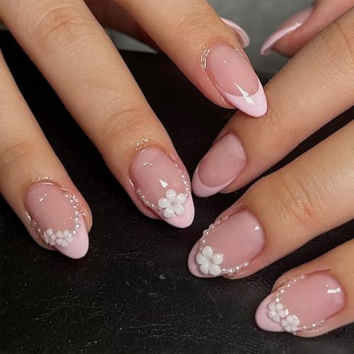 Press On Nails French Tip, Short Almond False Nails With Glue, 24Pcs French 3D Flower Pearl Pink Stick On Nails, Elegant Glossy Full Coverage Acrylic Fake Nails For Women DIY At Home