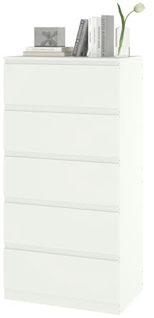 Soayone Weiße Kommode mit 5 Schubladen, multifunktionaler Aufbewahrungsschrank als Schlafzimmerkommode, Sideboard, Schubladenkommode, Flurkommode oder Beistellschrank, 60 x 40 x 121 cm