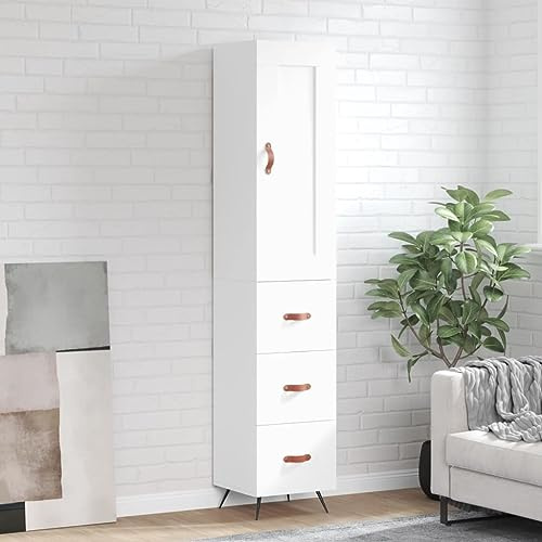 mzdioop Highboard vitt trämaterial 34,5 x 34 x 180 cm med metallfötter, skänk och köksbuffé, förvaringsskåp för vardagsrum och matsal, köksmöbler med förvaringsutrymme