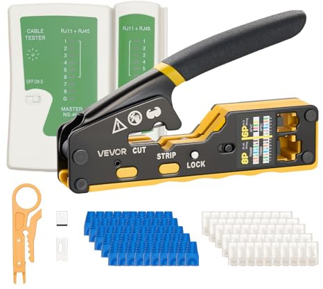 VEVOR Pince à Sertir pour Réseau Ethernet RJ45/RJ11/RJ12, Outils de Sertissage pour Fiches Modulaires à 4/6/8 Broches, Mini-dénudeur, 50 Connecteurs, 50 Capuchons, Lames Rechange, Testeur Câble Réseau
