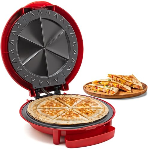 Elite Gourmet EQD-118 Electric Non-Stick 11 Quesadilla Maker, Easy-Slice 6-Wedge, Grilled Cheese Corn Flour Tortilla Snacks, Red