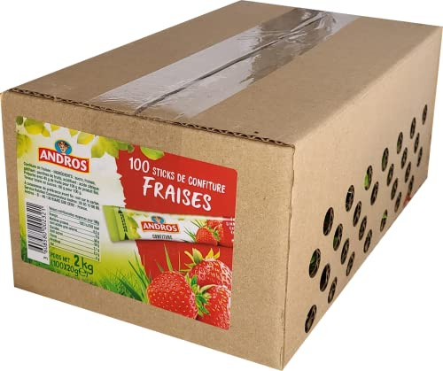 ANDROS - 100 Sticks de Confiture individuelles Fraise - 20 g | Confiture Fraise en Doses Individuelles de 20 g - Idéal Petit-Déjeuner et Hôtellerie