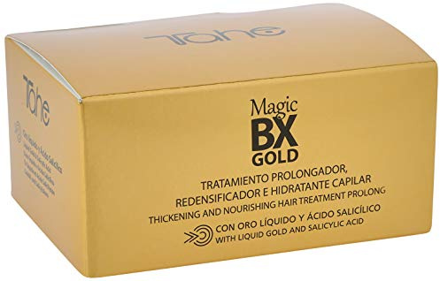 Tahe Magic BX Gold Tratamiento Capilar Redensificador Hidratante de Larga Duración, Caja de 5 Ampollas 10 ml. Brillo Infinito, Melena Densa, Suavidad Extrema