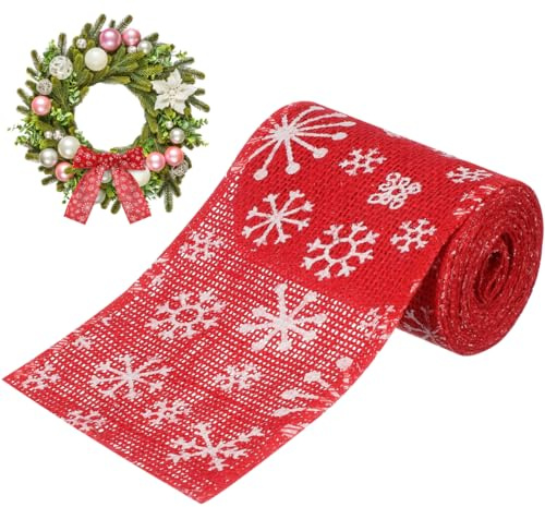 Healifty Juteband Sackleinen Band Schneeflocken Muster Wickelstreifen Tischläufer für DIY Handwerk Vintage Hochzeit Weihnachten Deko 10x300cm (Rot und Weiß)