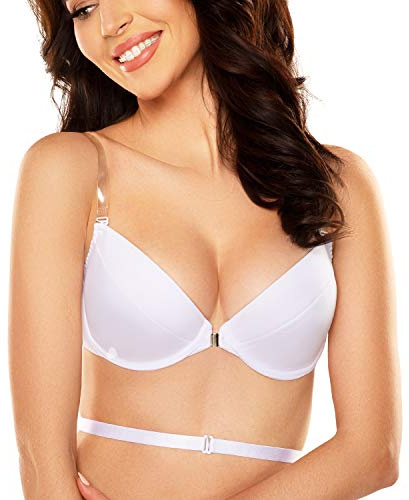 VIVISENCE Dam push-up BH med transparenta remmar rygglös bygel-BH genomskinliga remmar för rygglös klänning, bh inlägg push up, 1040, Vit, 75D