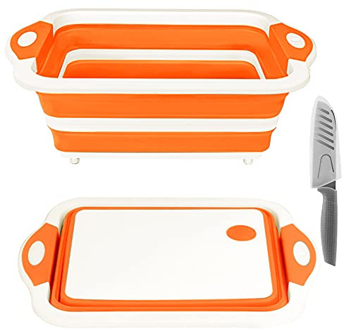Rottogoon Collapsible Cutting Board, Foldable Chopping Board with Colander, Multifunctional Kitchen Vegetable Washing Basket Silicone Dish Tub for BBQ Prep/Picnic/Camping(Orange)