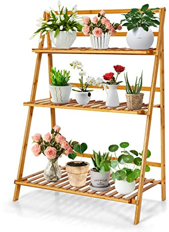 COSTWAY 3 Tier Bamboo Plant Stand, Multi Layer Folding Flower Pots Rack Shelves Plants Ladder for Balcony Living Room Patio (Natural)