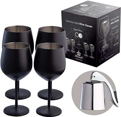 Mosscoff Weinglas aus Edelstahl, 4er-Set – Schwarz- und Silber – 18 oz, unzerbrechliche Weingläser mit Weinverschluss – tragbares Weinglas aus Metall