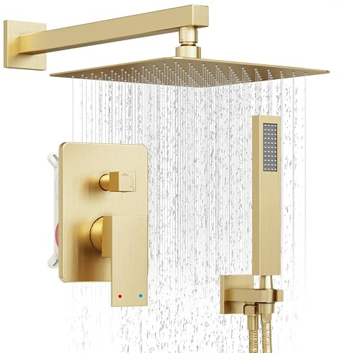 HoliSpa Gold Shower System, Shower Faucet Set with 10-Inch Rain Showerhead and Handheld Spray, Wall Mounted High-Pressure Showerhead Combo Set Included Valve and Trim, Brushed Gold