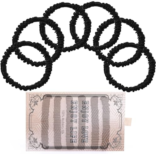 22 Momme 6PCS 100% Mulberry Silk Hair Ties Small Silk Scrunchies for Women Girls Curly Thick Thin Hair .Women's Black Cute Satin Sleepy Bulk Hair Tie Scrunchie Sleep