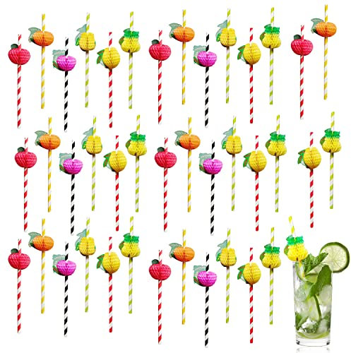 Confezione da 40 cannucce da cocktail, decorazioni per estive per feste, decorazioni per bevande, biodegradabili, divertenti cannucce hawaiane tropicali, cannucce di carta (colore casuale)