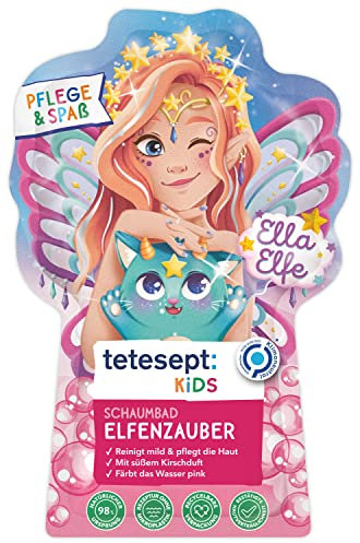 tetesept KIDS Schaumbad Elfenzauber - 15 x 40 ml - Kinderbad mit süßem Kirschduft und pflegender Rezeptur - Magischer Badeschaum und pinkes Wasser