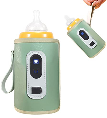 Tragbarer USB-Babyflaschenwärmer, Digital LCD-Display, Temperatureinstellbar 38-55°C, Wasserdichtes Fasertuch, 8x14cm, Grün