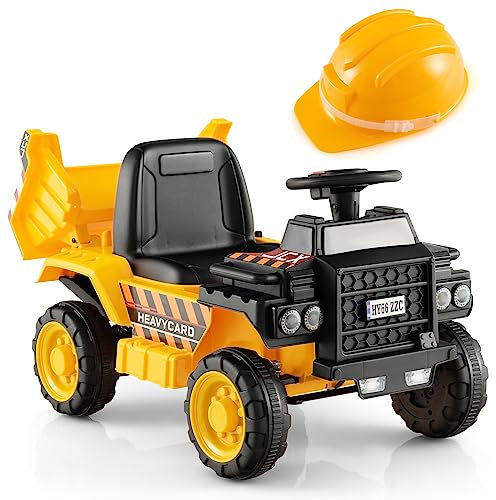 GOPLUS 6V Elektro Kinderauto, Aufsitz Muldenkipper mit Verstellbarer Kippmulde, Schutzhelm, Ergonomischen Sitz & Lenkrad, Elektroauto 2,5km/h für Kinder ab 18 Monate