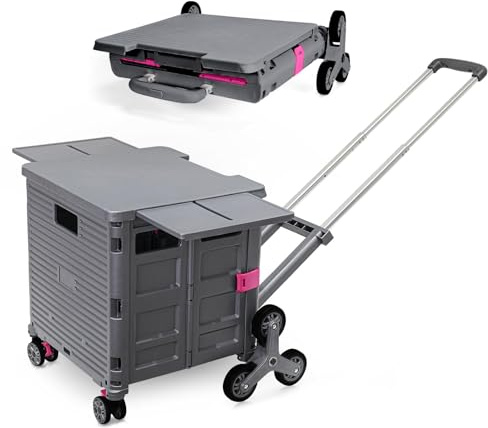 Foldable Shopping Trolley on Wheels Collapsible Portable Utility Cart with Stair Climbing Wheels with Magnetic Lid 80kg Rolling Crate with Telescoping Handle for Camping Fishing Tool Storage -Gray