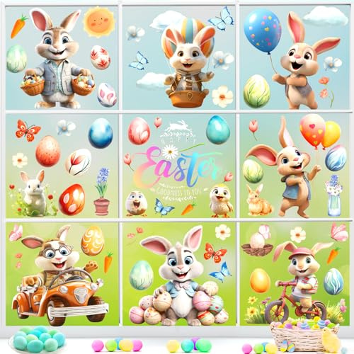 TOPJOWGA Fensterbilder Ostern Selbstklebend, 9 Blätter Selbstklebend Fenstersticker Ostern Aufkleber, Fenstersticker Ostern, Hasen Küken Ostereie Osterdeko Fenster Aufkleber, Wiederverwendbar
