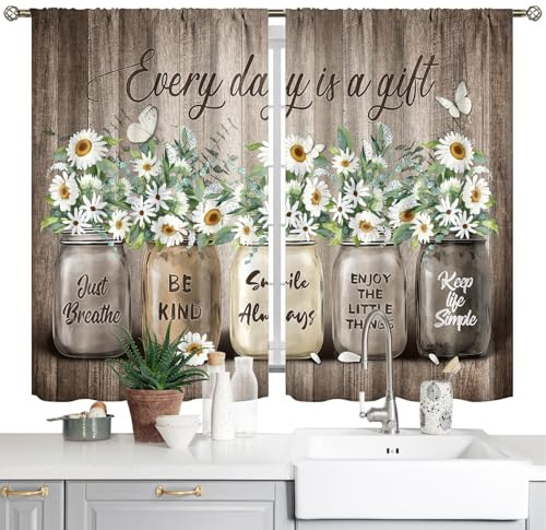 Yrivto Blumen-Margeriten-Holz Küchenvorhänge Landhaus Vintage Blume Kleine kurze Café-Vorhänge Landhaus Frühling Schmetterling Gardinen über der Spüle 2 Paneele Stangendurchzug (71,1 x 99 cm)