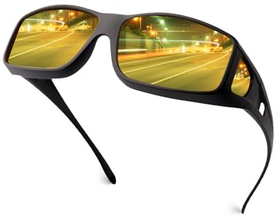 FIMOSON Night Driving Glasses for Men Women Fit Over Sunglasses Anti Glare Polarized HD Night Vision Glasses, Matte Black/Yellow