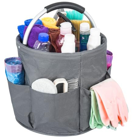 IVODEELA Carrello Pulizie con Manico,Grande Contenitore Organizer per La Pulizia Professionali,Multi Tasche,Borsa per La Pulizia,Facile da Pulire e Trasportare,Grigio