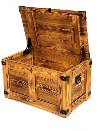 CREATIVE COOPER Caja de madera, cofre del tesoro, caja de almacenamiento, mesa, mesa rústica, mesa de café, caja de juguetes, 77 x 49 x 45 cm, baúl de madera hecho a mano, aceite de madera de roble