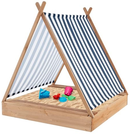 DREAMADE Sandkasten 124 x 123 x 134 cm, Kinder Sandkasten aus Tannenholz mit Überdachung, Sandkiste mit Zeltdach, 2 Sitzbänken & offenem Boden, Sandkasten groß für Hinterhof, Strand, Garten