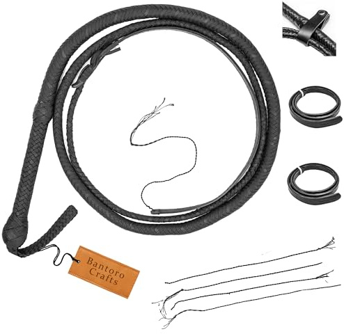 Bantoro Crafts Paracord/Frusta in Nylon Frusta 16 trecce Fili Intrecciatura in Pelle Pancia e Rinforzo in Pelle all'Interno Frusta rumorosa Che schiocca Nero (4 Piedi (1,21 Metri))