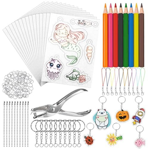 Meafeng 161 Stück Schrumpffolien Set, Schrumpffolie zum Basteln mit 20 Blank Schrumpffolie und 2 mit Muster, Schlüsselbundzubehör, Buntstifte, Locher für Kinder DIY Handwerk