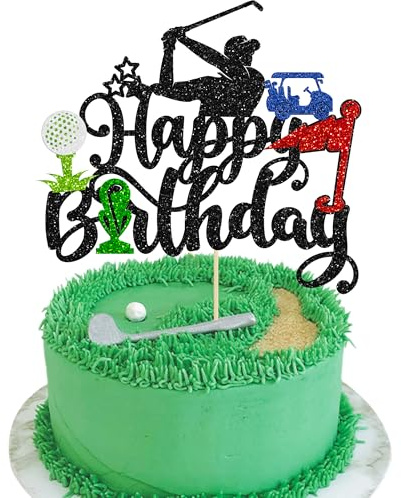 Gyufise 1Pc Golf Happy Birthday Cake Topper Glitter Golf Ball Player Cake Pick Decoration for Sports Golf Theme Men Birthday Party Cake Decorations Supplies Black
