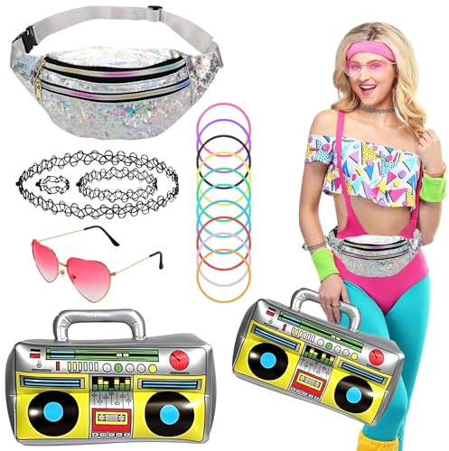 90er Jahre Accessoires,80er Jahre Outfit Damen mit Bauchtasche,Brille,Retro Radio,Bunter und schwarzer Armbänder-Set, Bad Taste Laser Gürteltasche Neon Party Zubehör für Fasching Karneval Rave Outfit