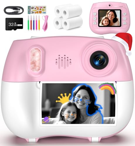 Kids Instant Print Camera for Girls 3-12 - 1080P Zero Ink Kids Instant Camera with 32GB SD Card - Portable Toy Camera Birthday for Toddlers 3 4 5 6 7 8 9 10 Girls Boys Pink