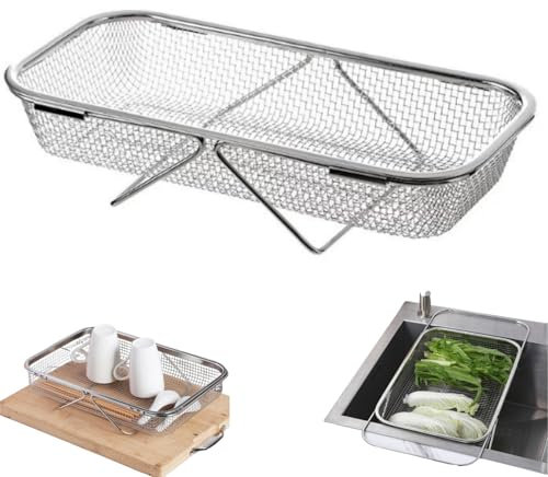 Passoire pour évier avec Maille Fine, Grand Panier Extensible, Passoire cuisine inox, Perforations Multiples avec Poignées passoire evier, pour Rinçage Égouttoir Pâtes Fruits Légumes