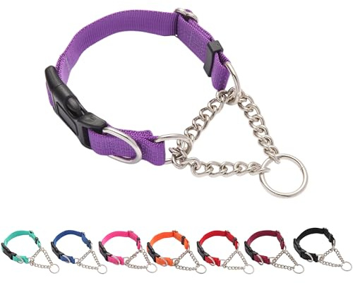 Yunleparks Martingale Dog Collar with Quick Release Buckle Steel Chain No Pull Training Reflective Collar for Medium Large Dogs(Purple, Large)