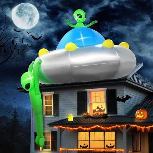 Kalolary 6FT Halloween Aufblasbare hängende Alien UFO Auto Dekorationen Aufblasen mit LED-Lichtern Gruselige aufblasbare Dekoration für Partys, Garten, Rasen und Außenbereiche (Hängendes UFO Alien)