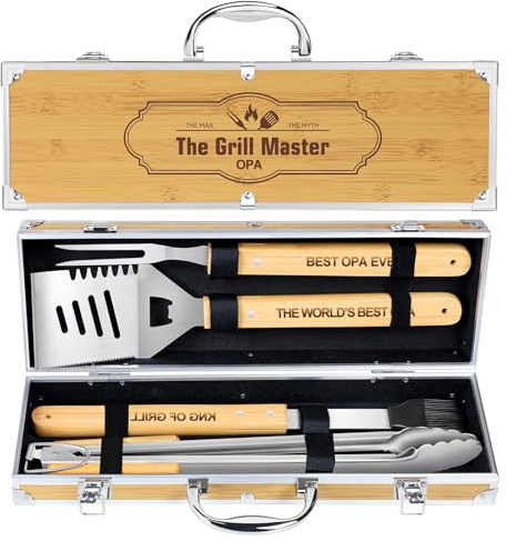 OPa Geschenke,4 Stücke BBQ Grillbesteck Set Edelstahl Grillzubehör für Männer Geschenk Geburtstag Hochwertiger Grillutensilien Set Koffer mit Grillkoffer für Garten und Camping