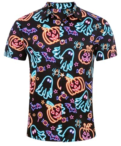 ALISISTER Mens Halloween Shirt Neon Pumpkin Printed Short Sleeve Shirts Button Down Party Shirts L