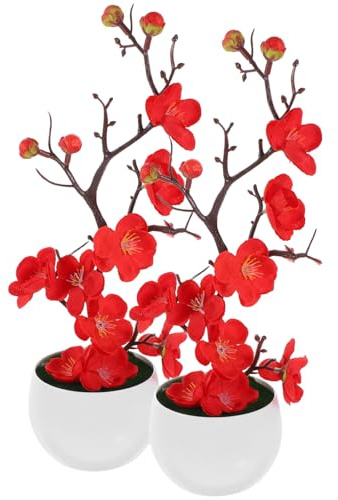 HIAKDOFT 2 Stck Künstliche Pflaumenblume Bonsai im Topf Rot Dekorative Blumen für Innenräume Hochwertige Kunstpflanzen mit Realistischer für Schlafzimmer Büro und Hotel