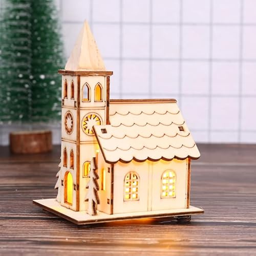 Angoily jul led-ljus trähus: Ofärdig julby, mini-led-ljus-minihus, pysselornament för julbordsdekoration, heminredning