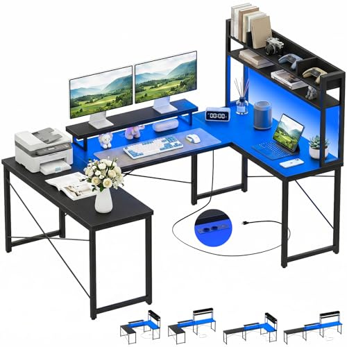 Homieasy Gaming Tisch U & L Form Eckschreibtisch mit Steckdosen LED Regal | Reversibler Schreibtisch aus Holz & Metall, 189 x 106 cm, RGB LED mit App, Steckdosen, USB-A & C