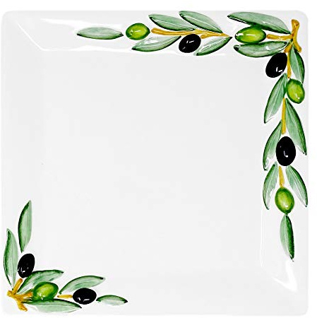 Lashuma Servierplatte rechteckig aus italienischer Keramik, handgefertigter Servierteller mit Oliven Dekor 27 x 27 cm