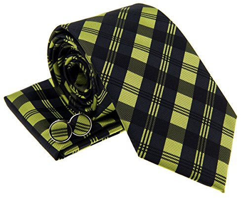 Retreez Herren Gewebte Krawatte Tartan Plaid Muster 8 cm und Einstecktuch und Manschettenknöpfe im Set, Geschenkset, e - grün und schwarz