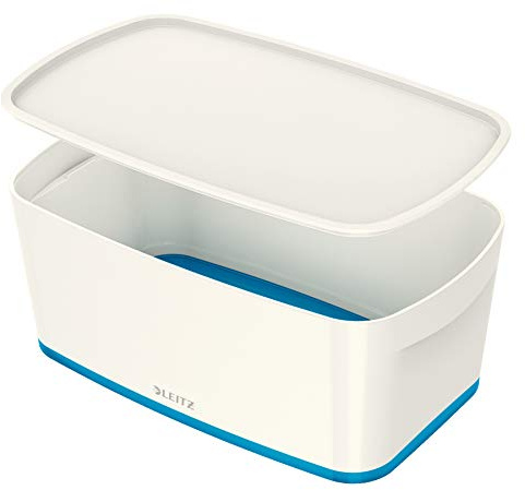 Leitz A5 MyBox Small with Lid, Storage Box for Home and Office, 5 L, High Gloss, Plastic, White/Blue Metallic