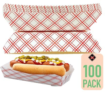 Mr Miracle 7 Inch Paper Hot Dog Tray in Red White Pattern. Pack of 100. Disposable, Recyclable and Fully Biodegradable. Made in USA