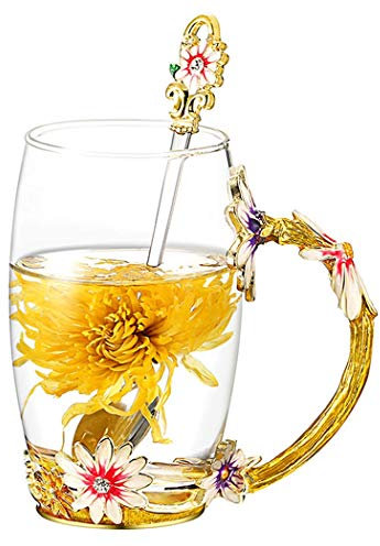 YBK Tech Kreative Blume Glastasse Kristallglas Teetasse mit Griff für heiße Getränke, Eistee, nackten Saft – Chrysantheme (groß (350 ml) mit Geschenk-Box)