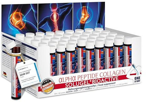 PharmaVital Alpha Peptide Collagen Trinkampullen (50 Stück) – 10.000mg Kollagenhydrolysat SOLUGEL(R), Vitamin C Selen Hagebutte, Premium, mit bioaktiven Peptiden für Knochen Gelenke Haut
