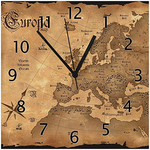 Wallario Design-Wanduhr Alte Weltkarte Karte von Europa in englisch aus Glas, Motiv-Uhr Größe 30 x 30 cm, Schwarze Zeiger