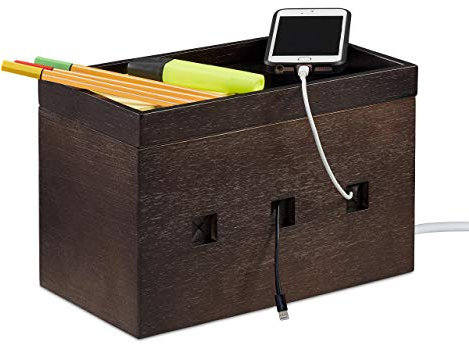 Relaxdays Kabelbox Bambus, Steckdosenleiste & Kabel verstecken, Kabelmanagement Schreibtisch, HBT 16,5x25,5x14cm, braun