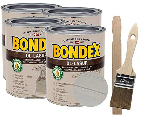 Bondex Öllasur 4 x 0,75 l premium Holzlasur aus natürlichen Ölen inkl. Pinsel und Rührholz der Langzeitschutz für Holz im Aussenbereich (graphit silber)